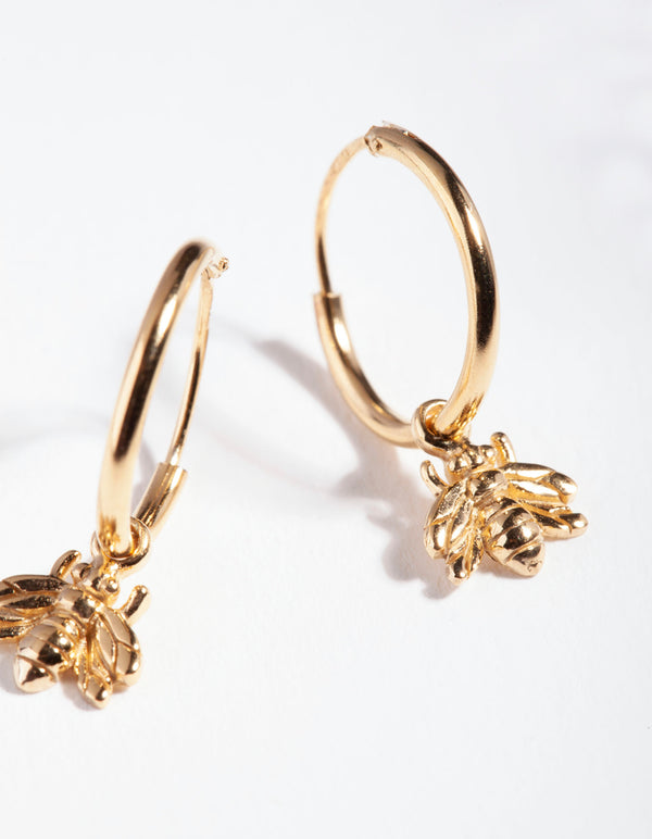 Gold Plated Sterling Silver Bee Charm Hoop Earrings