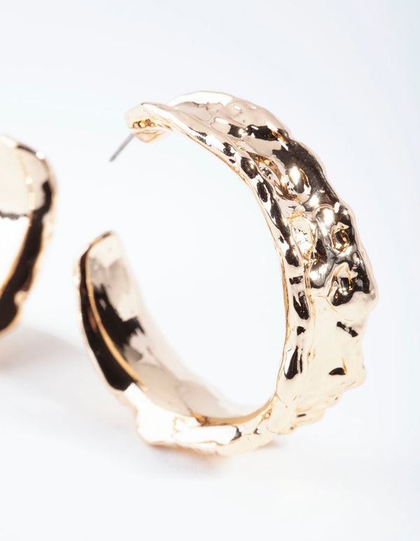 Gold Molten Texture Hoop Earrings