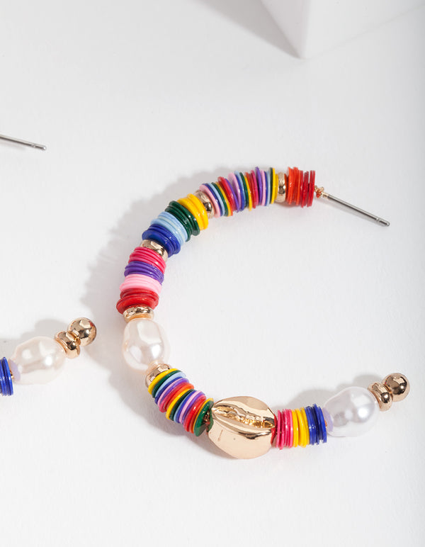 Gold Multicoloured Bead Hoop Earrings