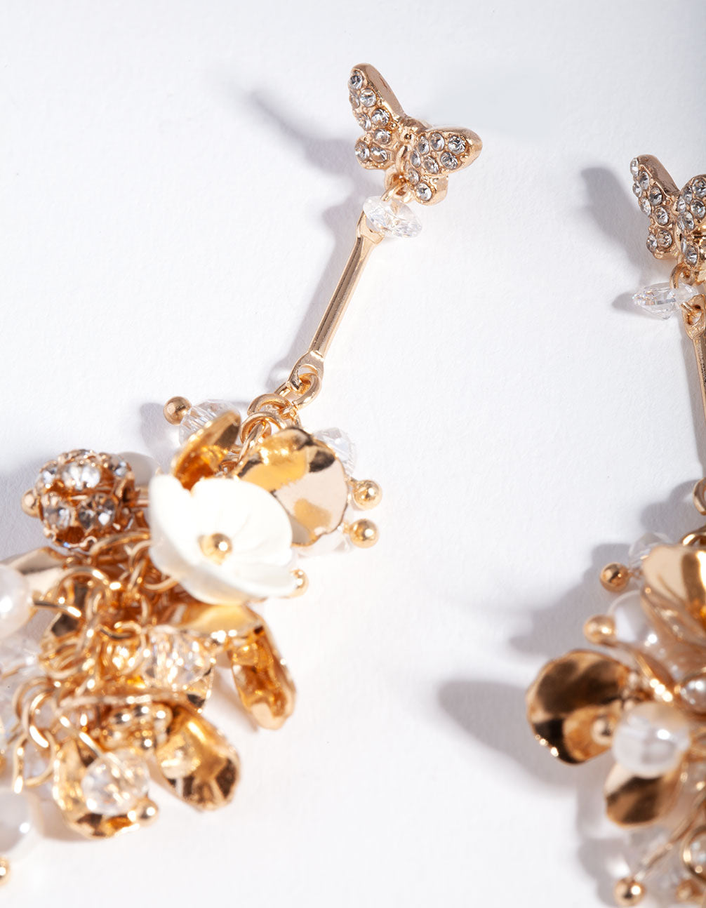 Gold Floral Bead Butterfly Earrings
