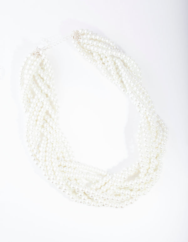 Silver Pearl Bead Plait Necklace
