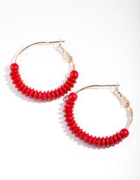 Gold Red Flat Bead Hoop Earrings - link has visual effect only