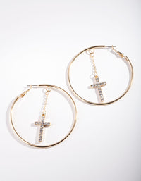 Gold Diamante Cross Drop Hoop Earrings - link has visual effect only