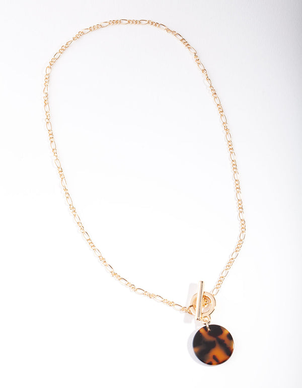 Gold Tortoise Shell Disc T Bar Necklace