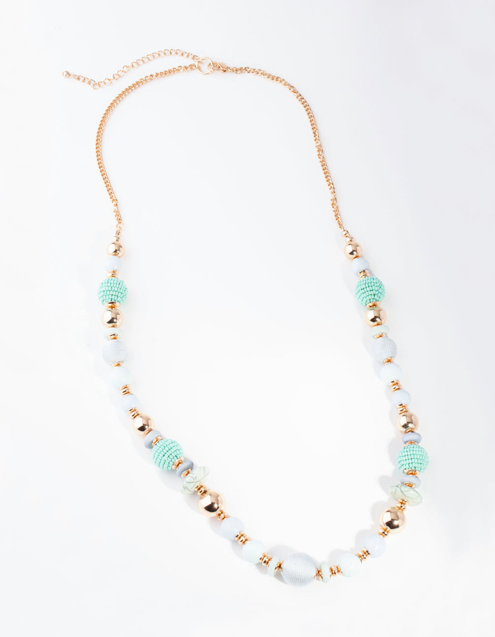 Gold Blue Round Bead Long Necklace
