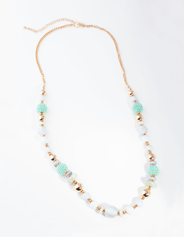 Gold Blue Round Bead Long Necklace
