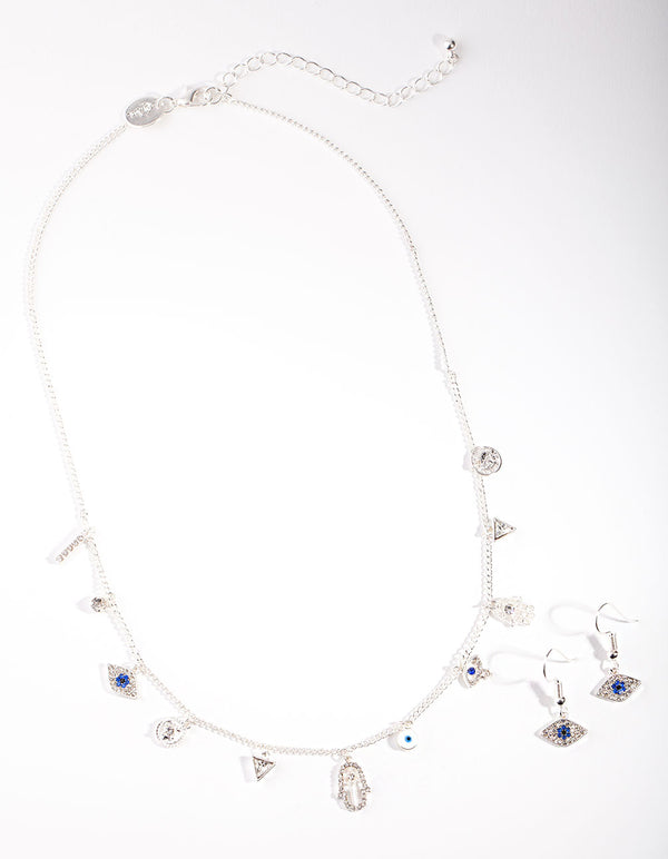 Silver Evil Eye Charm Necklace Earrings Set