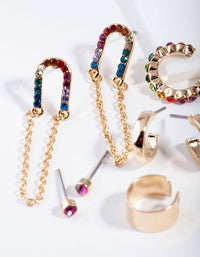 Gold Chain Link Rainbow Diamante Ear Stack - link has visual effect only
