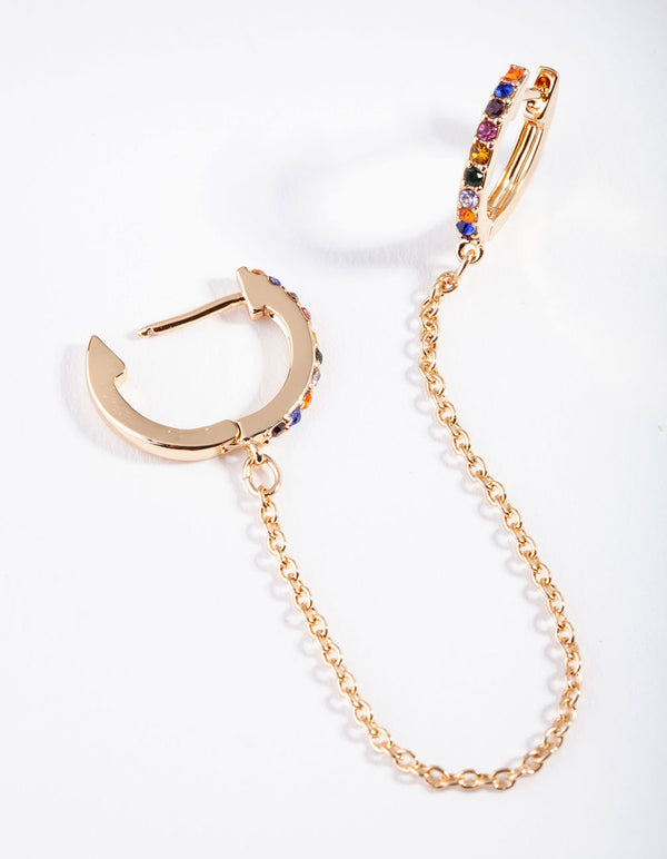 Gold Rainbow Diamante Chain Huggie Earrings