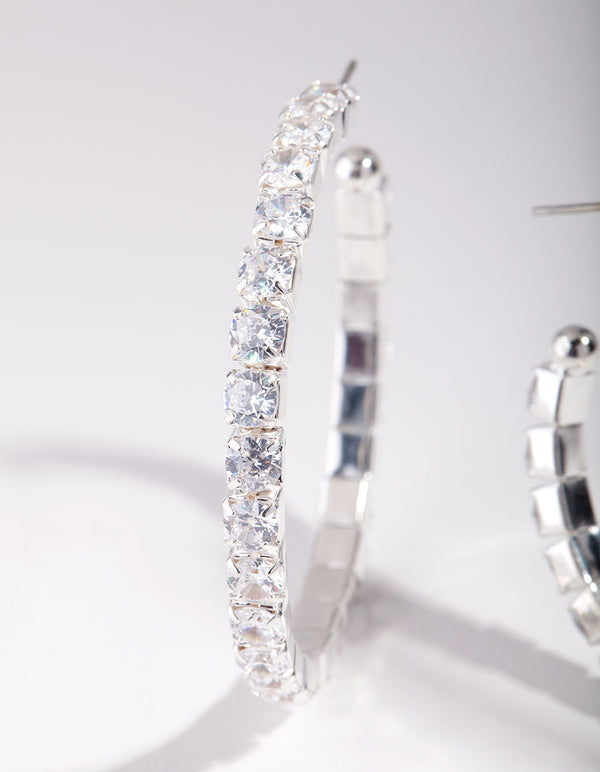 Silver Cubic Zirconia Multi Stone Hoop Earrings