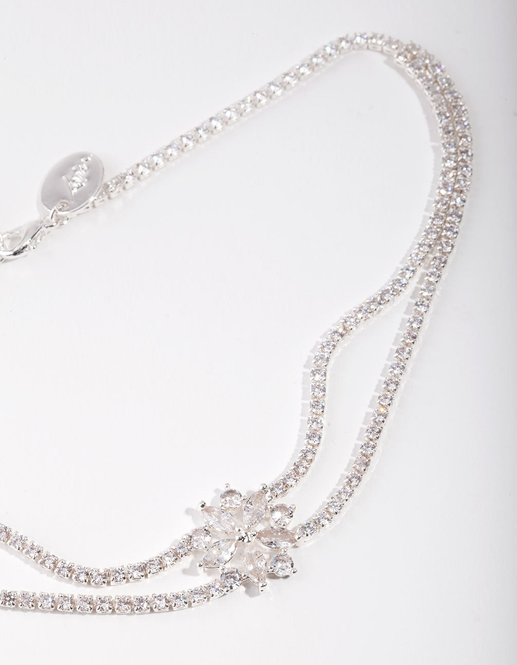 Silver Cubic Zirconia Flower 2 Row Choker
