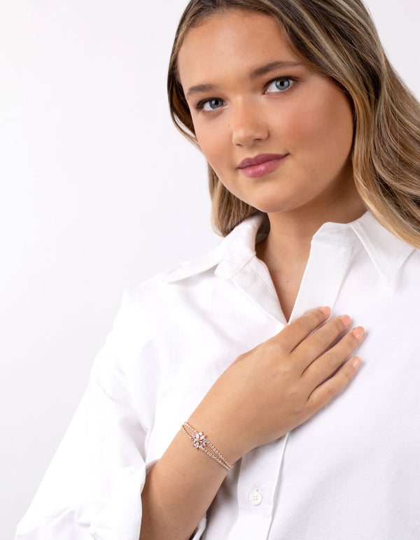 Gold Cubic Zirconia Cupchain Flower Toggle Bracelet