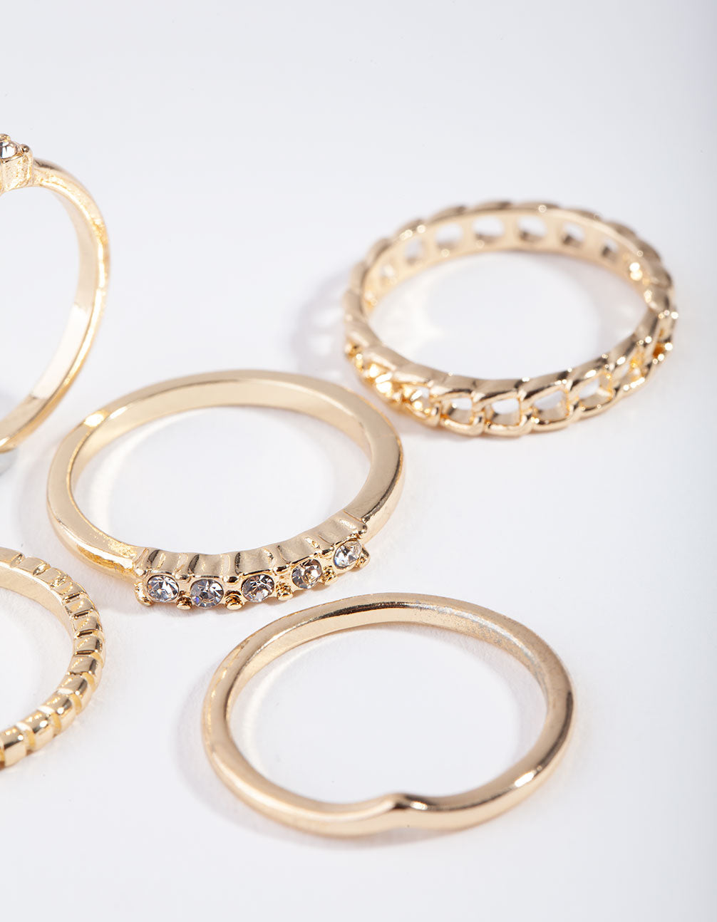 Gold Diamante & Chain Ring 5-Pack