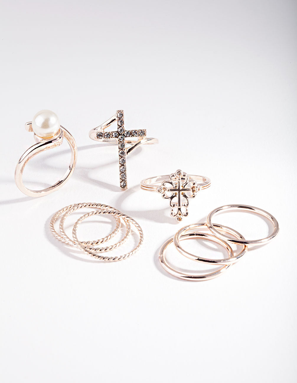 Rose Gold Cross & Pearl Ring 7-Pack