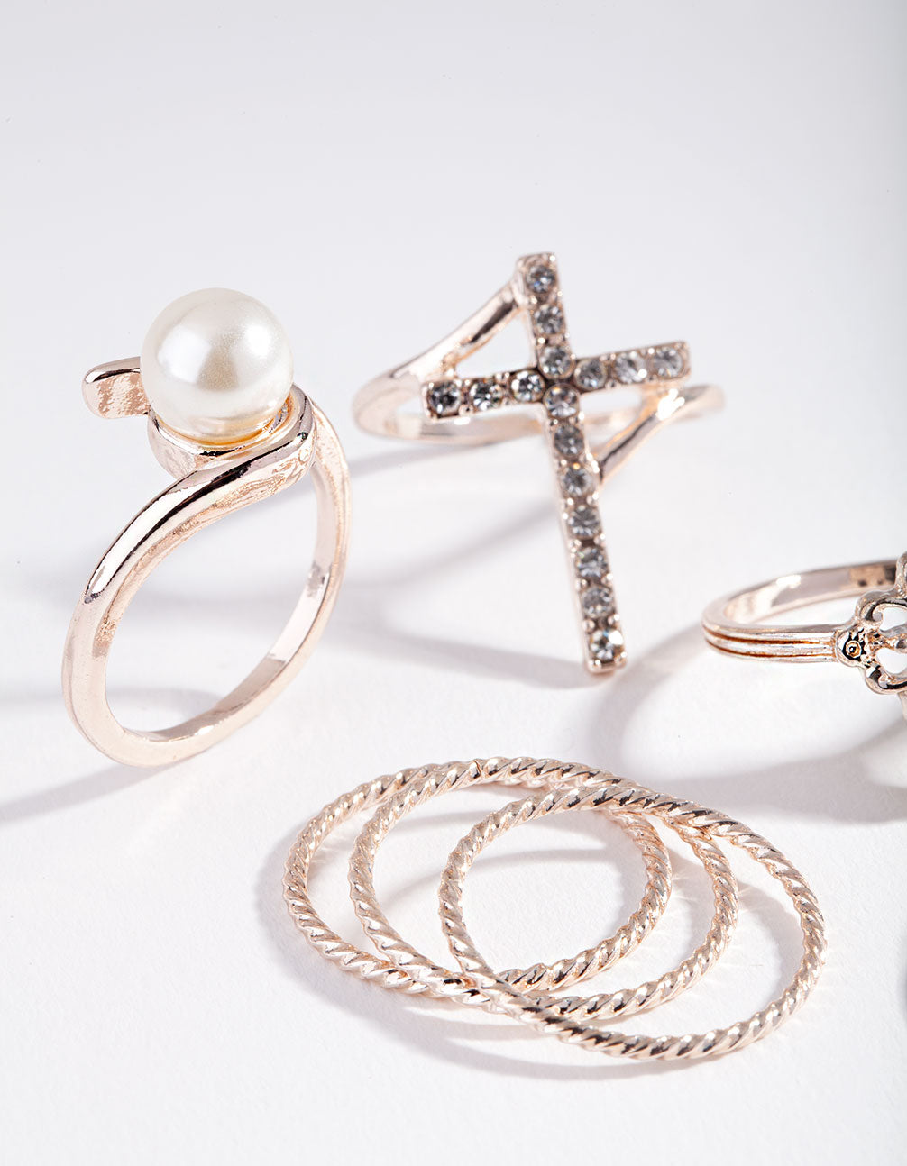 Rose Gold Cross & Pearl Ring 7-Pack