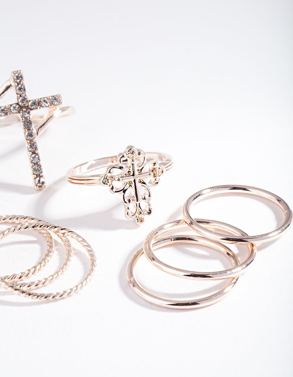 Rose Gold Cross & Pearl Ring 7-Pack