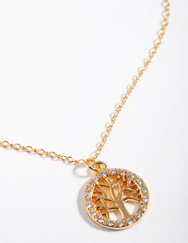 Gold Plated Sterling Silver Cubic Zirconia Tree of Life Necklace