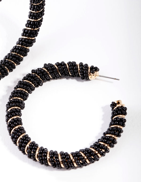 Black & Gold Bead Twist Hoop Earrings