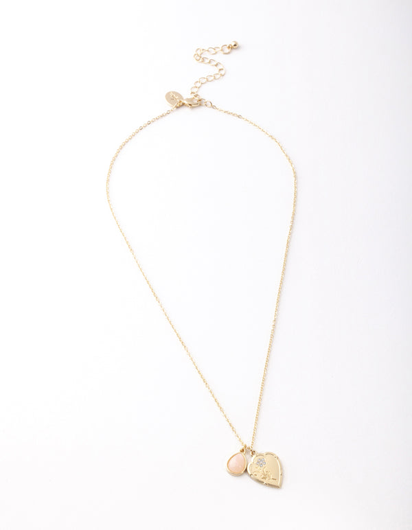 Gold Heart & Pink Semi Precious Stone Necklace