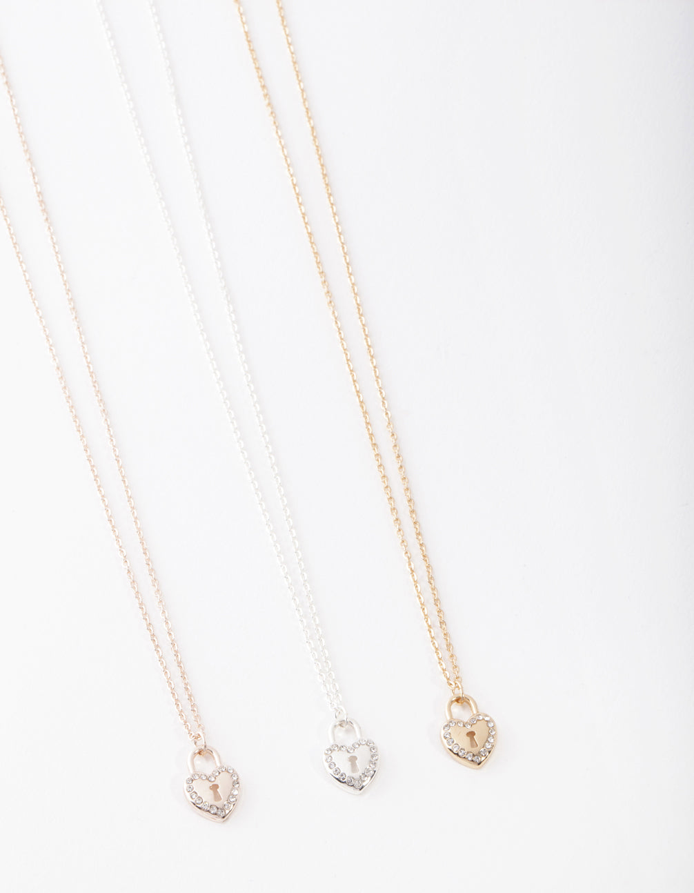 Mixed Metal Diamante Heart Lock Necklace Pack