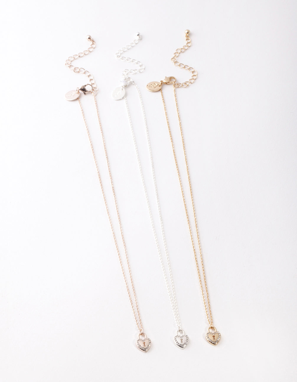 Mixed Metal Diamante Heart Lock Necklace Pack