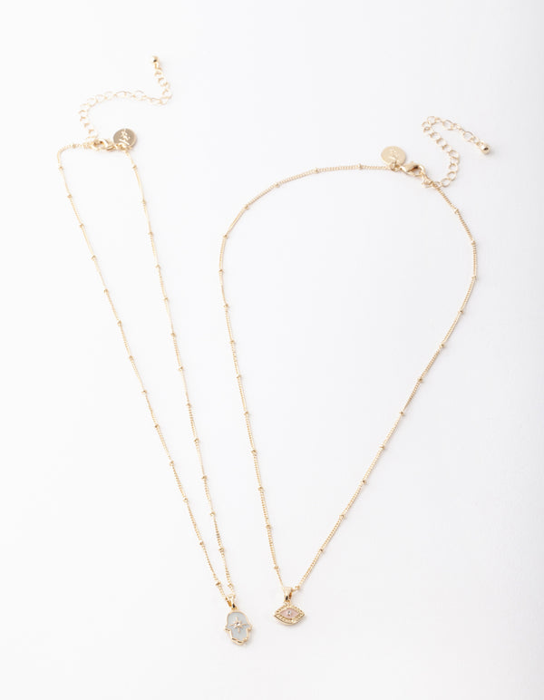 Gold Evil Eye & Hamsa Hand Necklace Pack