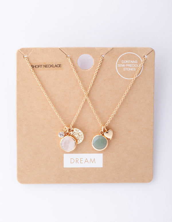 Gold Green & Pink Stone Charm Necklace Pack