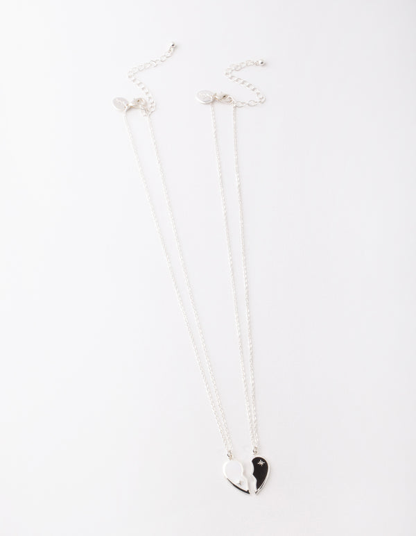 Silver Black & White Half Heart Yin & Yang Necklace Pack
