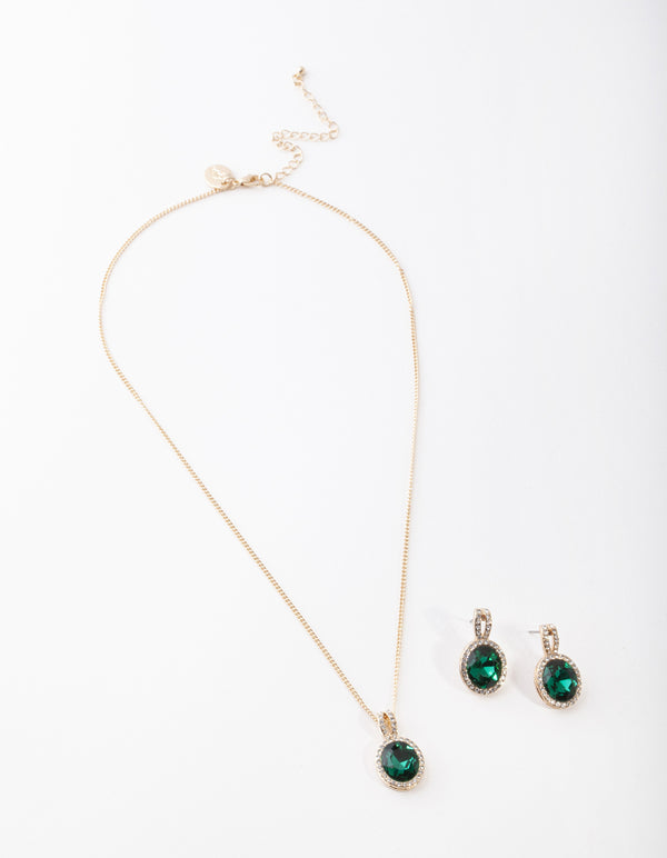 Gold Green Halo Necklace & Earrings Set