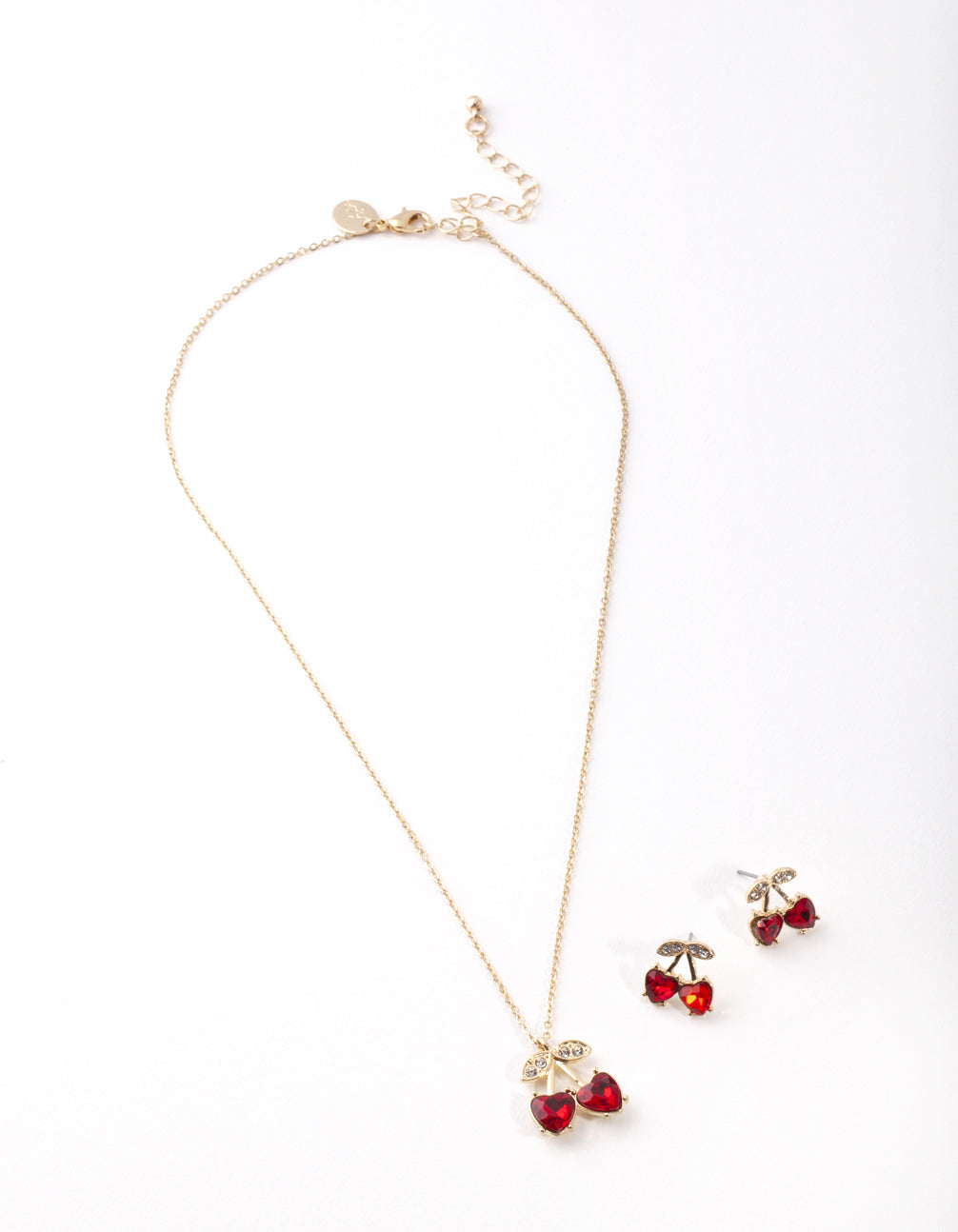 Gold Red Cherry Diamante Necklace & Earrings Set