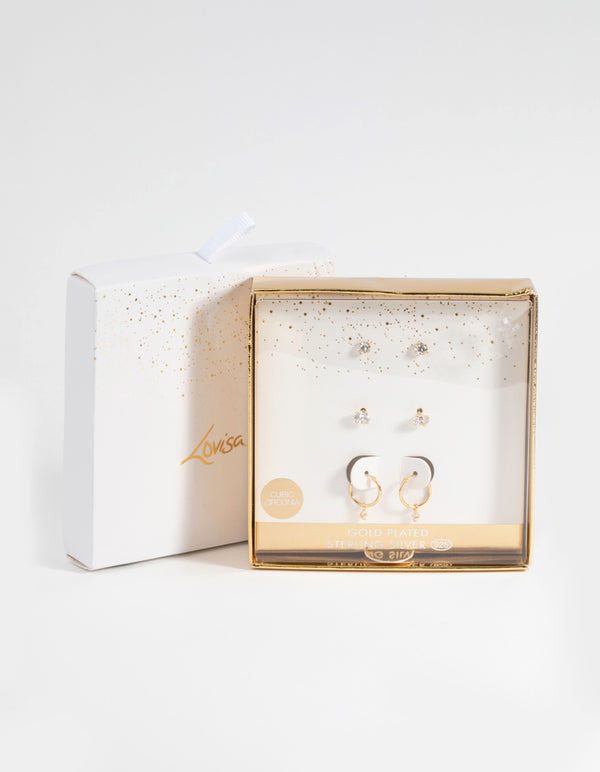 Gold Plated Sterling Silver Cubic Zirconia Stud & Hoop Earring Pack