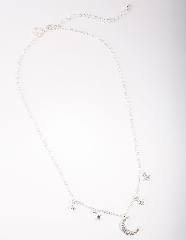 Silver Star & Moon Diamante Necklace