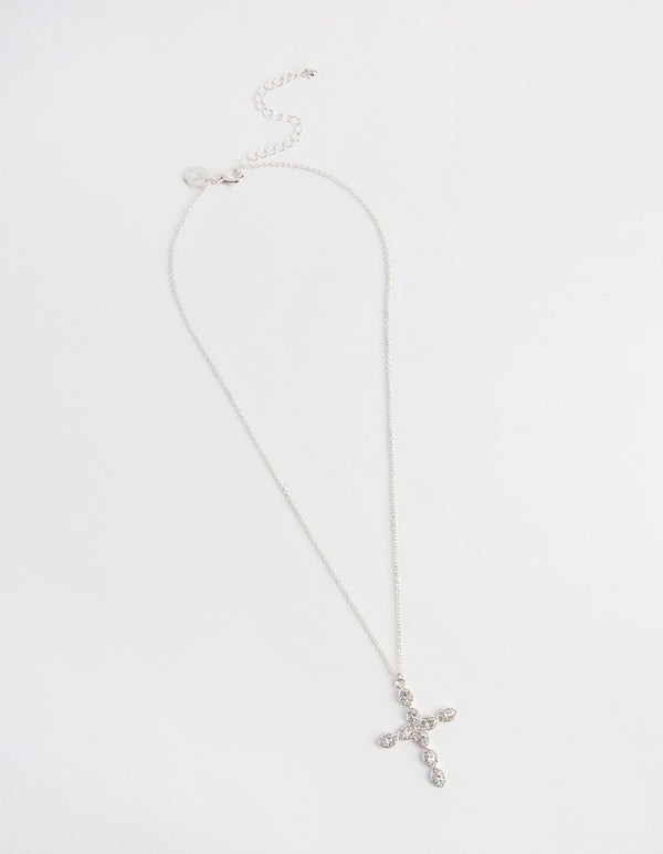 Silver Teardrop Diamante Cross Necklace