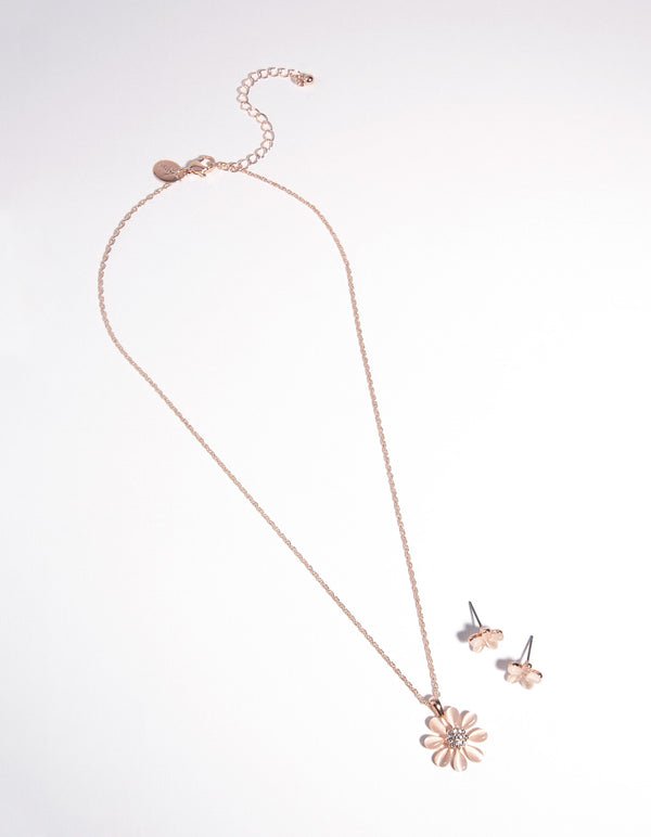 Rose Gold Daisy Catetye Necklace & Earrings Set