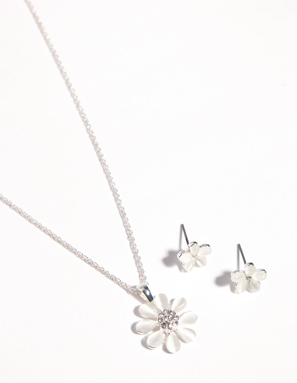 Silver Daisy Cateye Necklace & Earrings Set