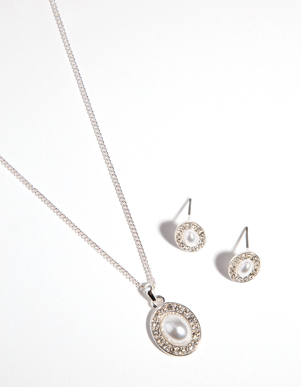 Silver Oval Pearl Diamante Necklace & Earrings Set