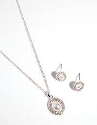 Silver Oval Pearl Diamante Necklace & Earrings Set - link has visual effect only