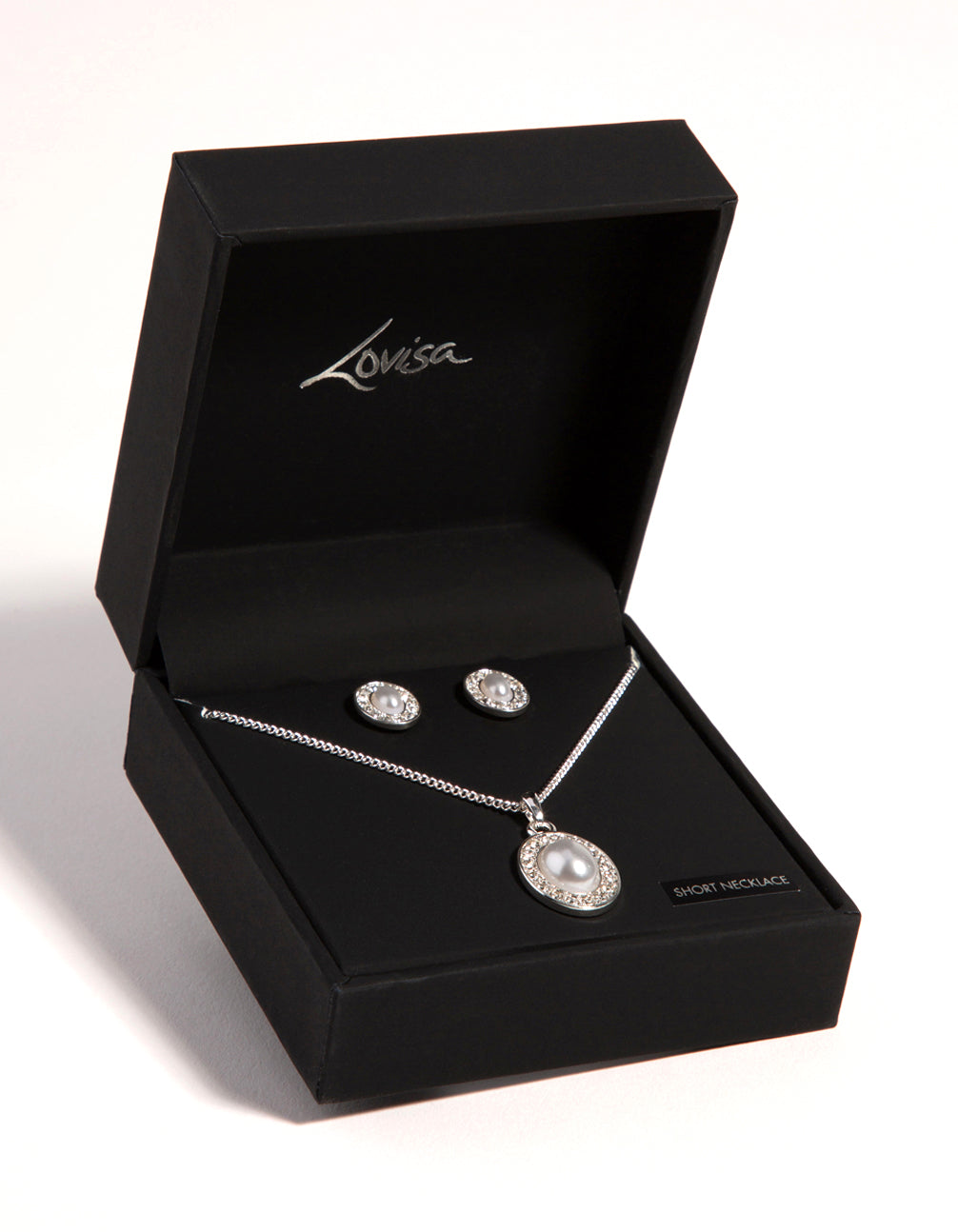 Silver Oval Pearl Diamante Necklace & Earrings Set