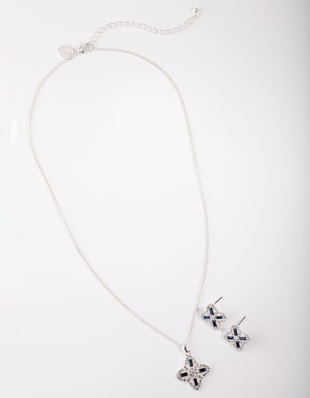 Silver Flower Diamante Stone Necklace & Earrings Set