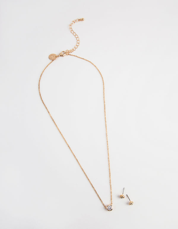 Gold Circle Diamond Pendant Necklace & Earrings Set