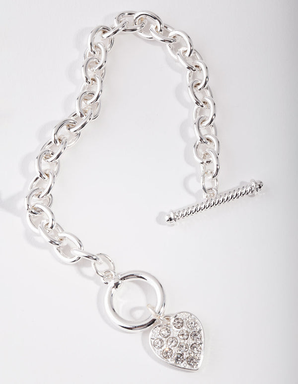 Silver Pave Heart & Chain Bracelet