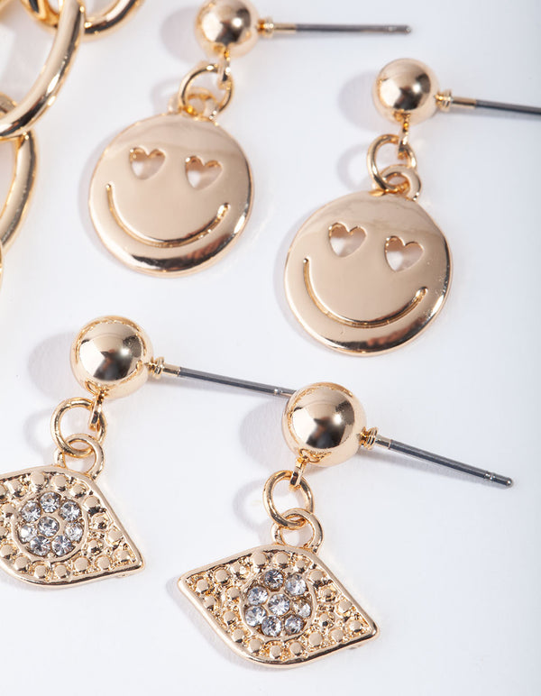 Gold Smiley Face Pack Drop Earring
