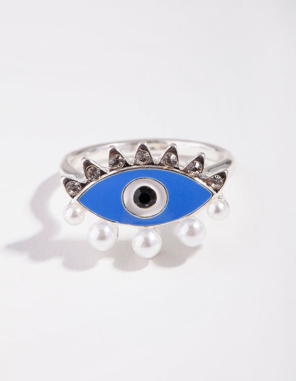 Silver Pearl Diamante Evil Eye Ring