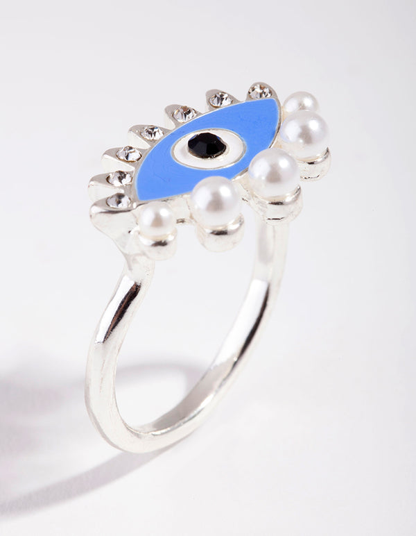 Silver Pearl Diamante Evil Eye Ring