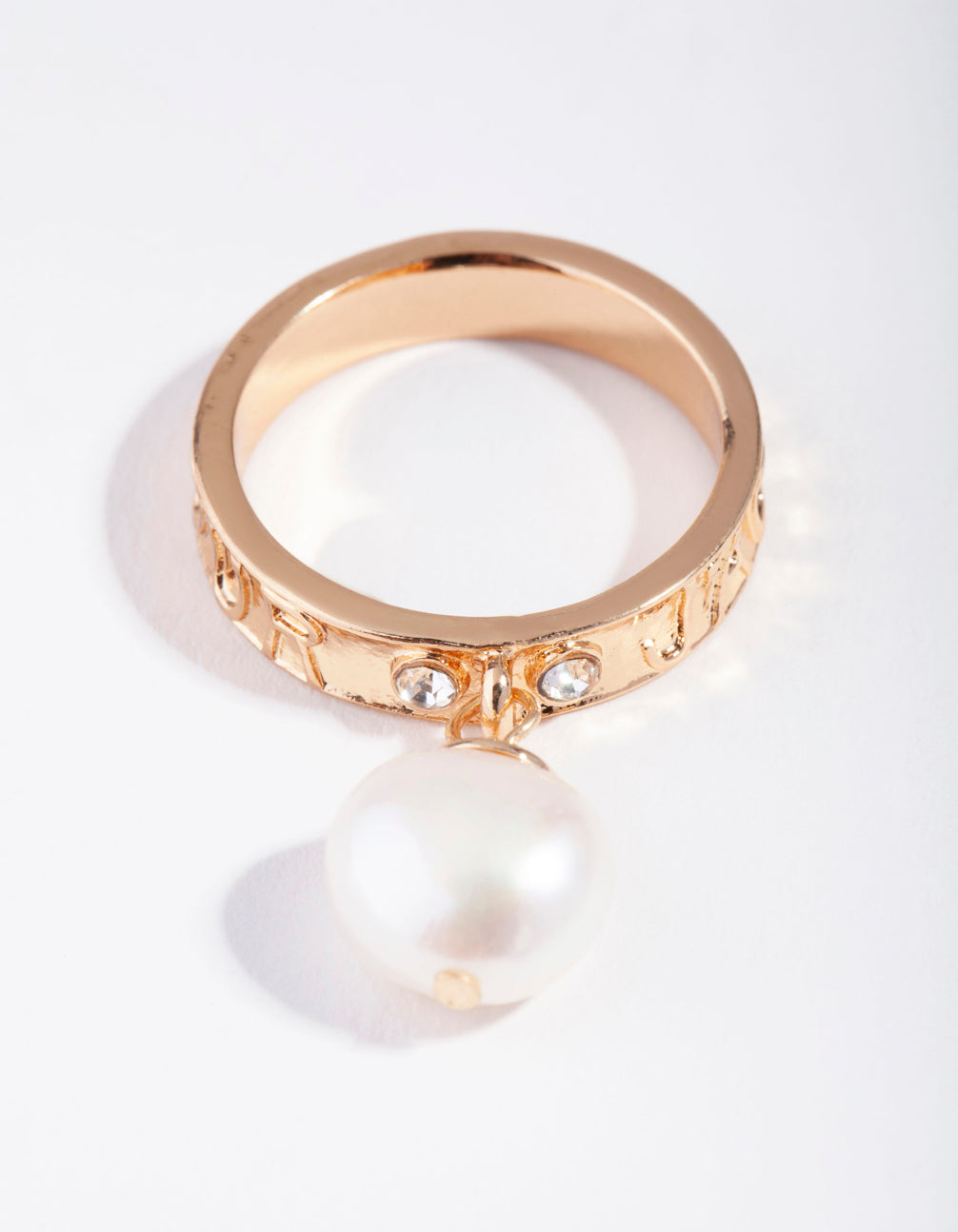 Gold Diamante Freshwater Pearl Charm Band Ring