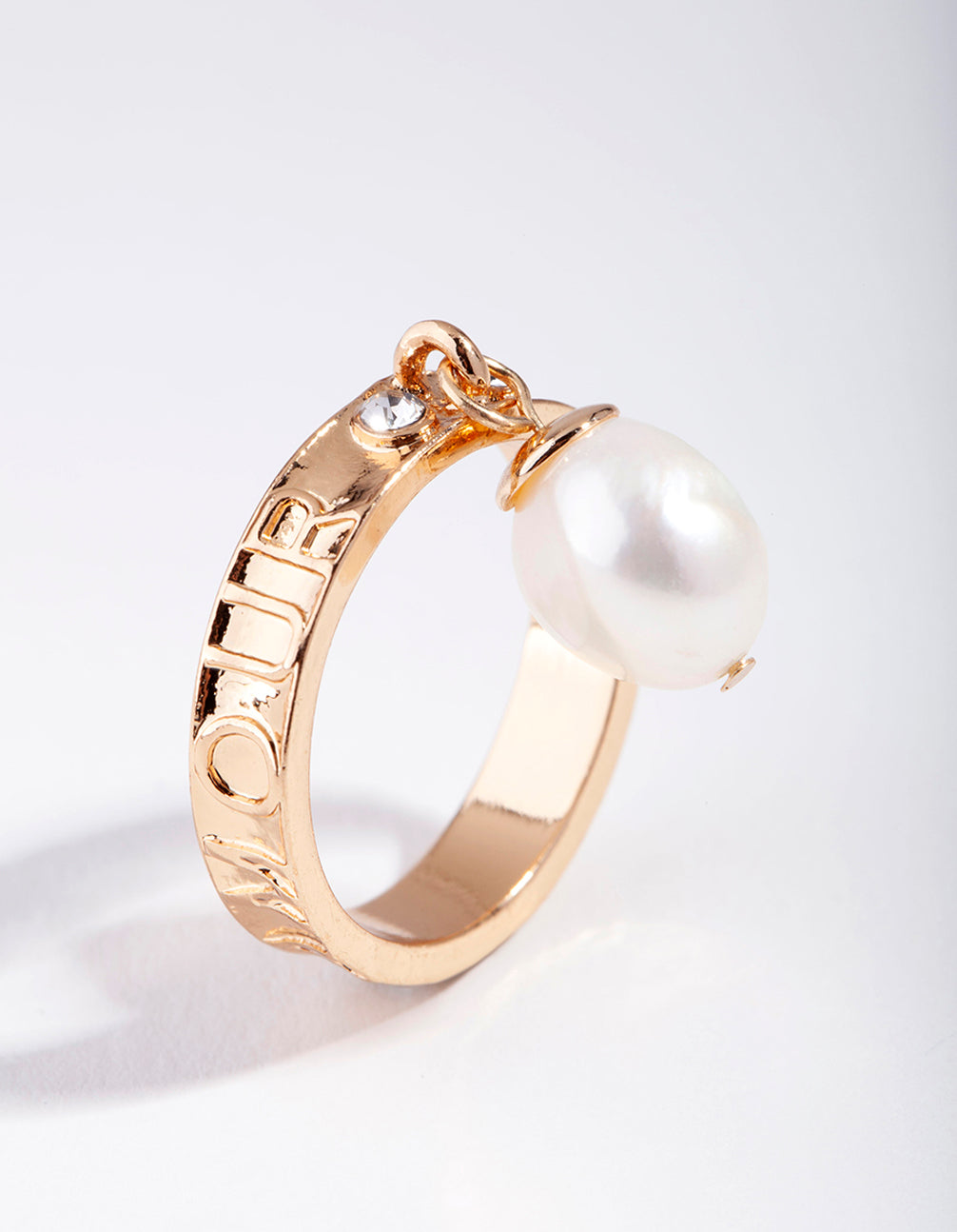 Gold Diamante Freshwater Pearl Charm Band Ring