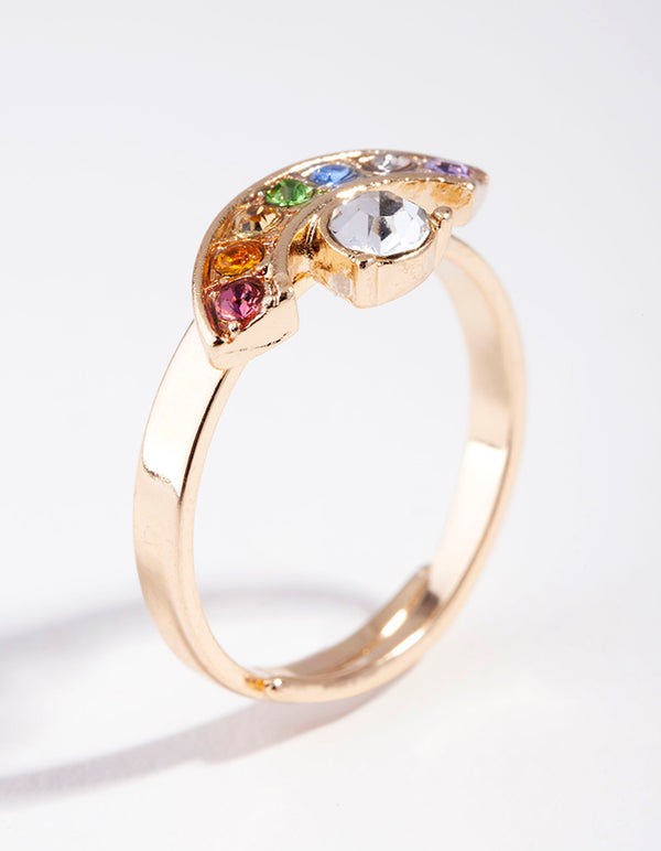 Gold Rainbow Diamante Cresent Ring