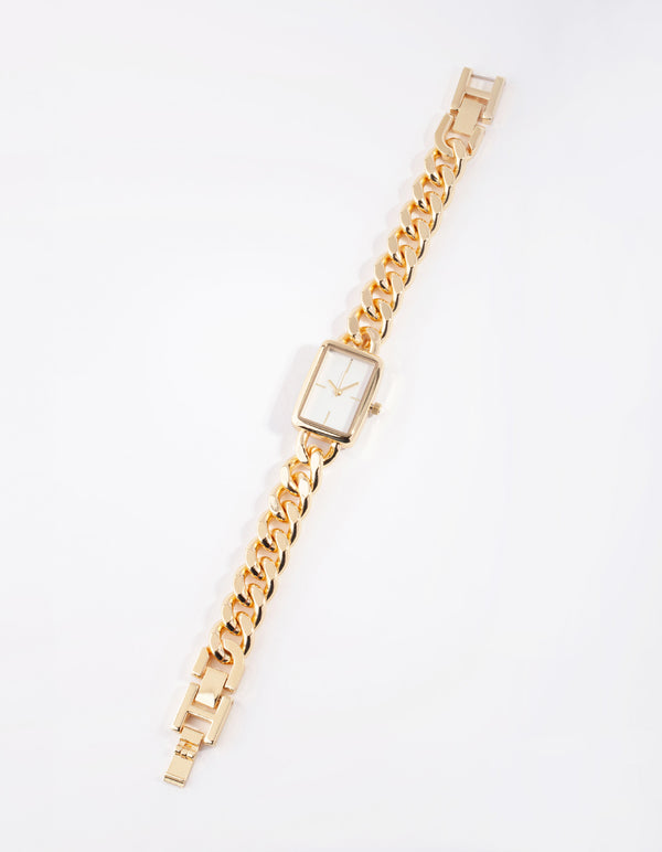 Gold Rectangular Curb Link Watch