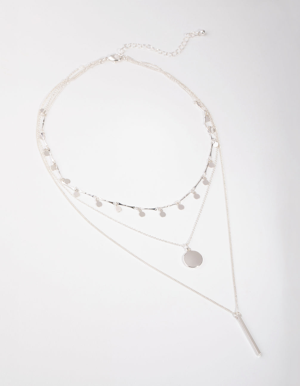 Silver Fine Drop & Bar 3-Row Necklace
