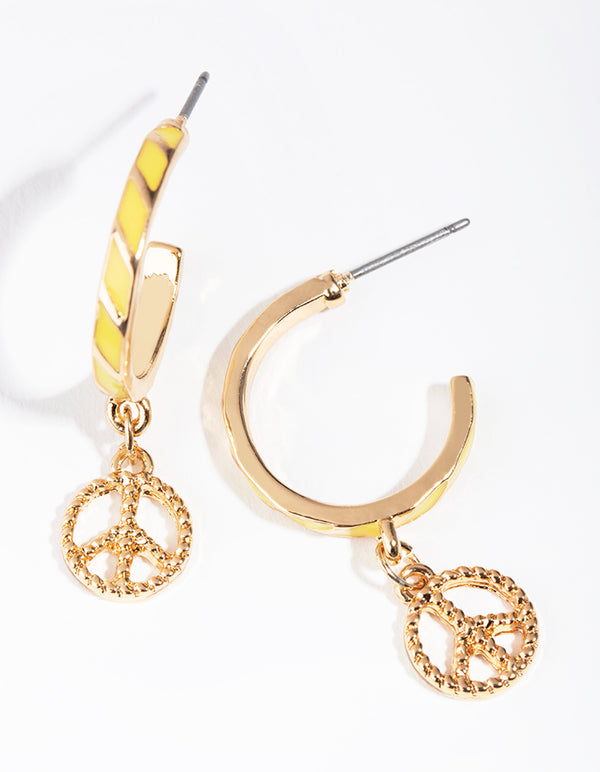 Gold Enamel Peace Hoop Earrings